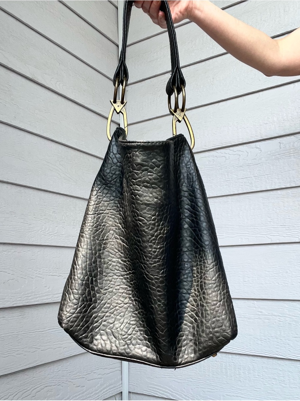 Black Faux Leather Tote Bag with Gold Hardware